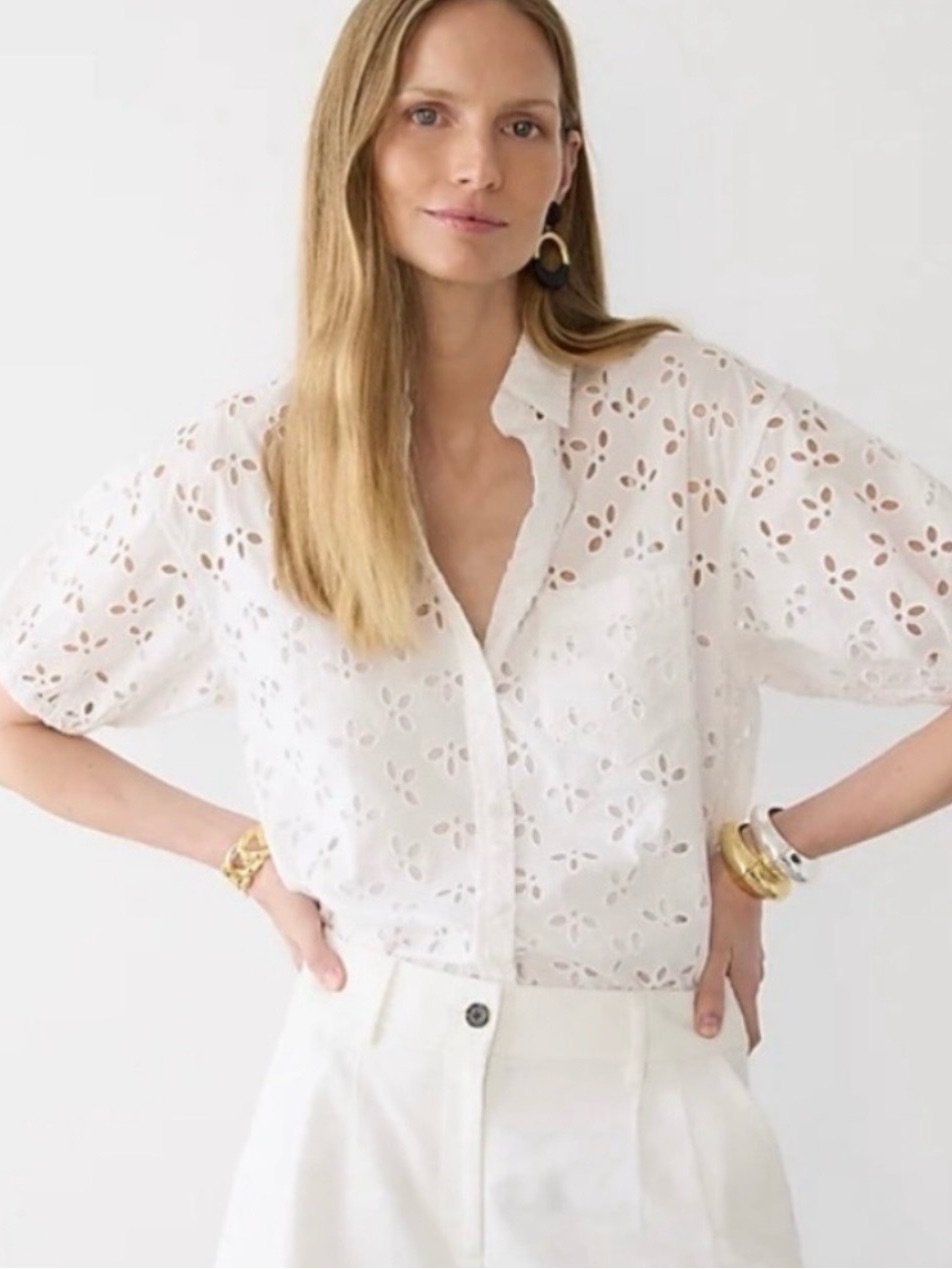 J. Crew Spring Garden Button Up Collar Top Eyelet White Puff Sleeves Size 4 Nwot